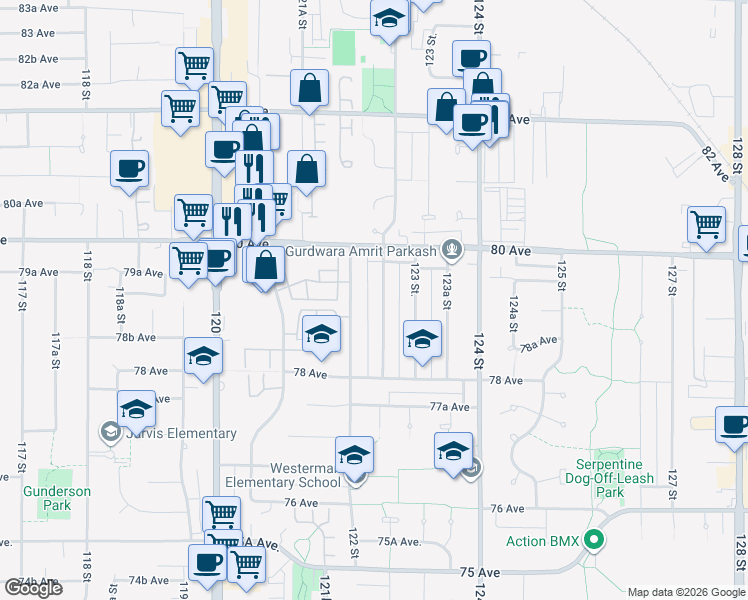 map of restaurants, bars, coffee shops, grocery stores, and more near 7923 122A Street in Surrey