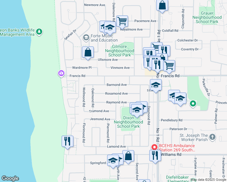 map of restaurants, bars, coffee shops, grocery stores, and more near 3551 Rosamond Avenue in Richmond