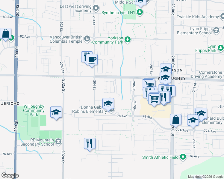 map of restaurants, bars, coffee shops, grocery stores, and more near 7918 204B Street in Langley Township