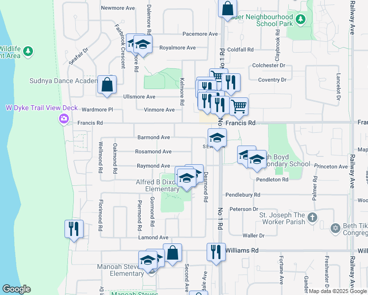 map of restaurants, bars, coffee shops, grocery stores, and more near 3771 Rosamond Avenue in Richmond