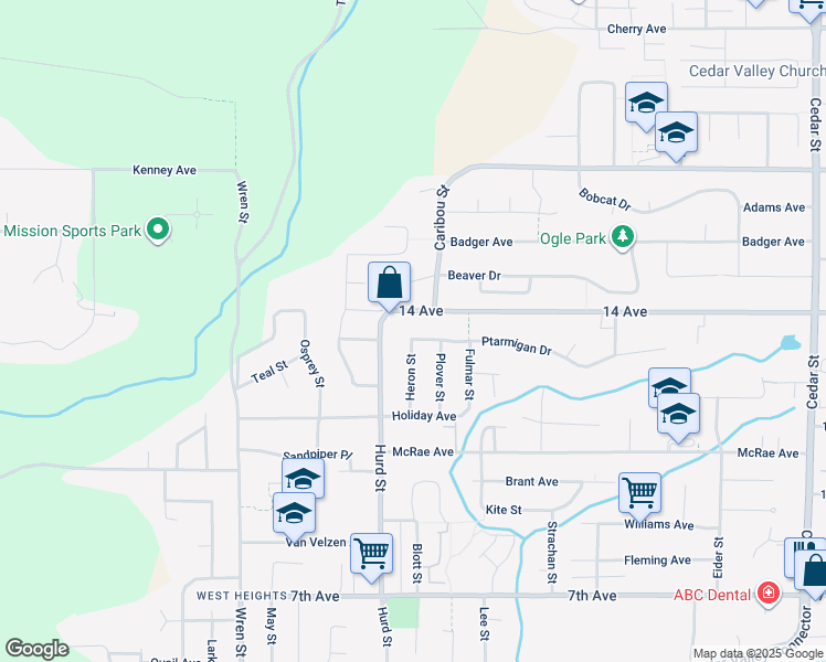 map of restaurants, bars, coffee shops, grocery stores, and more near 8015 Caribou Street in Mission