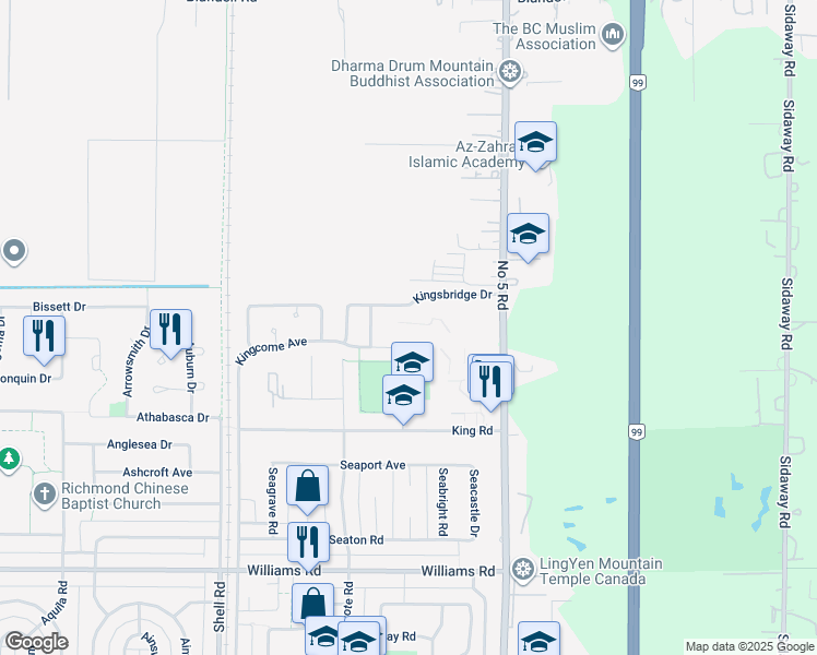 map of restaurants, bars, coffee shops, grocery stores, and more near 11666 Kingsbridge Drive in Richmond