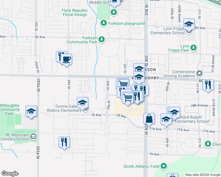 map of restaurants, bars, coffee shops, grocery stores, and more near 7936 206 Street in Langley Township
