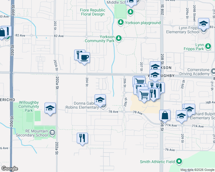 map of restaurants, bars, coffee shops, grocery stores, and more near 7918 204B Street in Langley Township