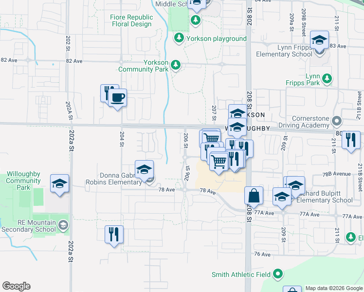 map of restaurants, bars, coffee shops, grocery stores, and more near 7937 206 Street in Langley Township