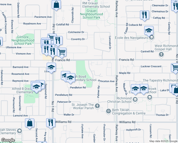 map of restaurants, bars, coffee shops, grocery stores, and more near 9231 Parksville Drive in Richmond
