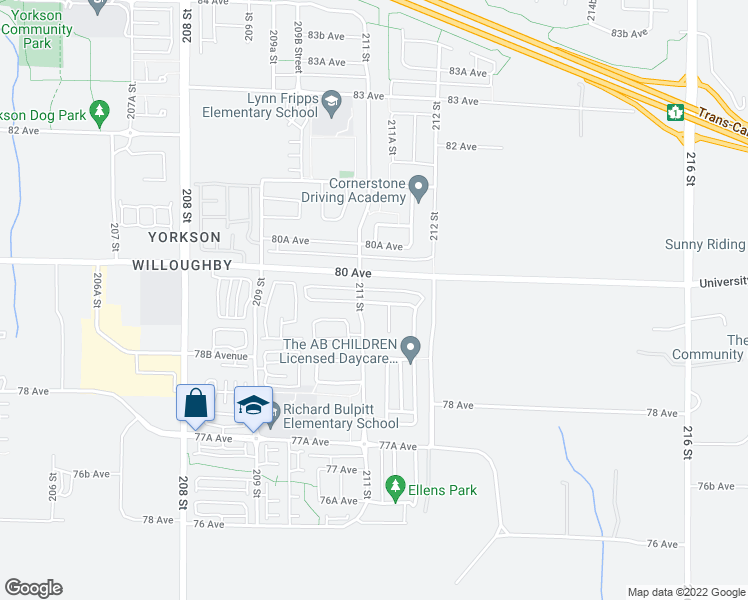map of restaurants, bars, coffee shops, grocery stores, and more near 21117 79A Avenue in Langley