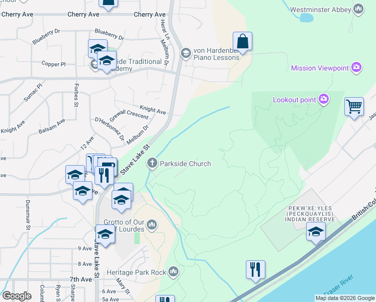 map of restaurants, bars, coffee shops, grocery stores, and more near 33941 Prentis Avenue in Mission