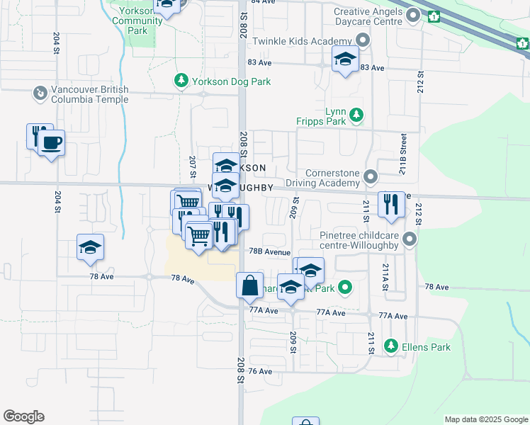 map of restaurants, bars, coffee shops, grocery stores, and more near in Langley Township