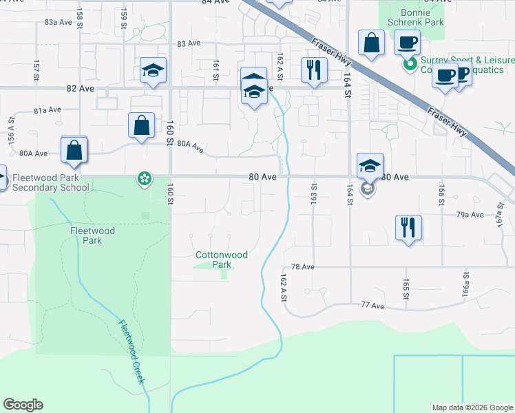 map of restaurants, bars, coffee shops, grocery stores, and more near 7895 162 Street in Surrey