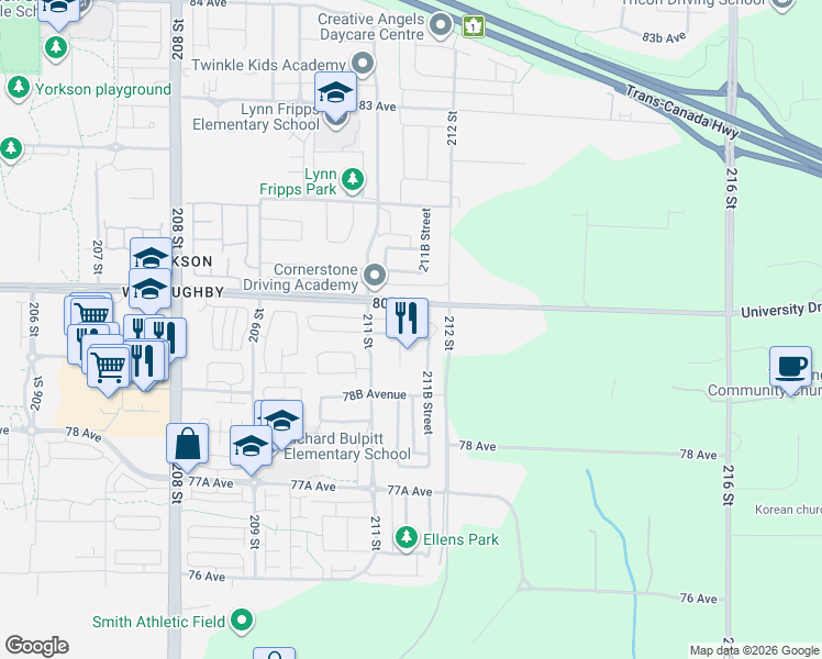 map of restaurants, bars, coffee shops, grocery stores, and more near 21149 79A Avenue in Langley Township