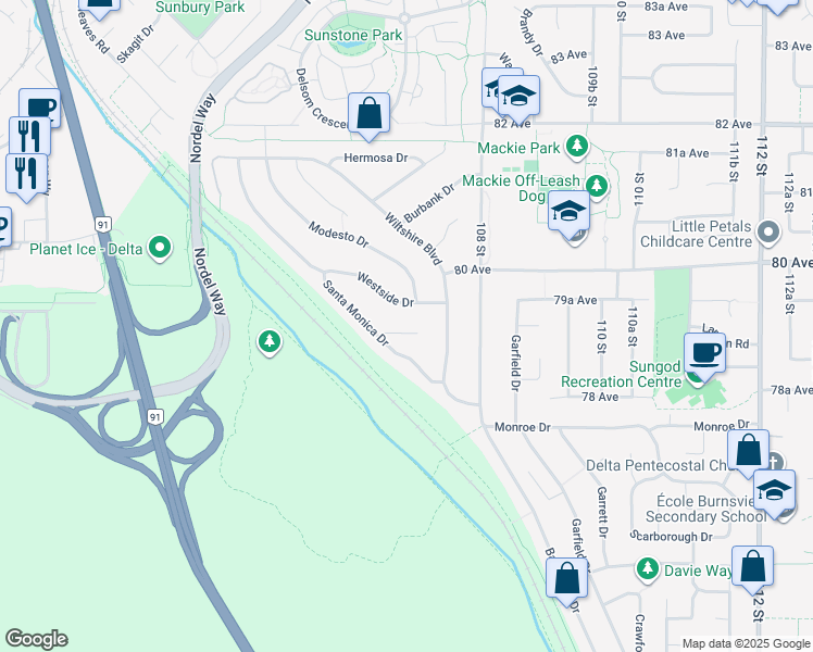 map of restaurants, bars, coffee shops, grocery stores, and more near 10683 Santa Monica Place in Delta