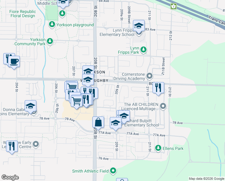 map of restaurants, bars, coffee shops, grocery stores, and more near 7947 209 Street in Langley Township