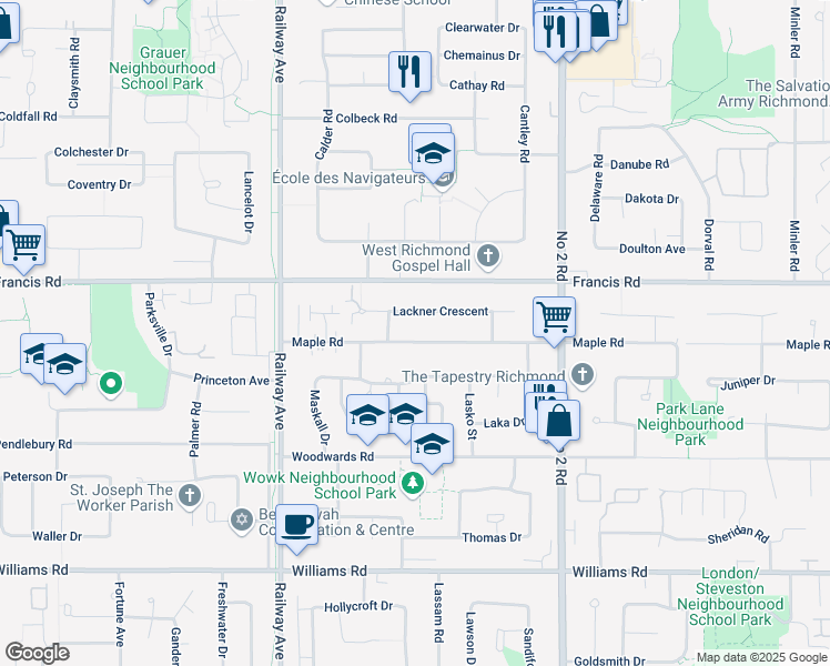map of restaurants, bars, coffee shops, grocery stores, and more near 5371 Maple Road in Richmond