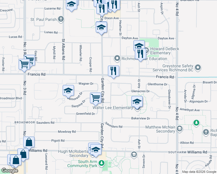 map of restaurants, bars, coffee shops, grocery stores, and more near 9131 Glenallan Drive in Richmond