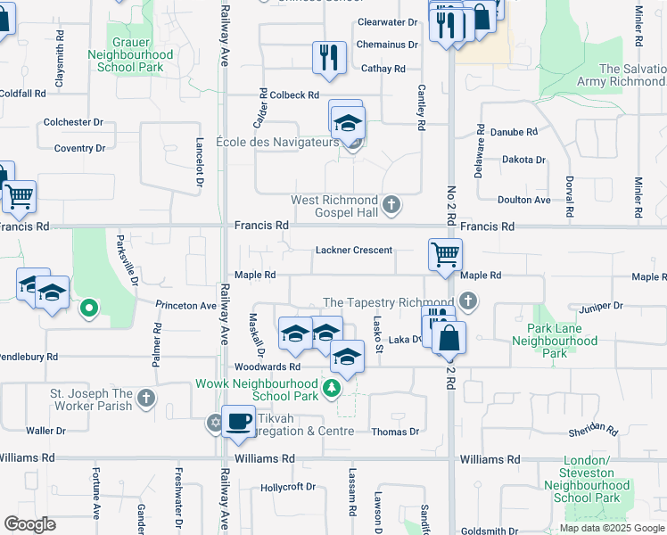 map of restaurants, bars, coffee shops, grocery stores, and more near 5371 Maple Road in Richmond