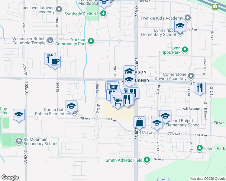 map of restaurants, bars, coffee shops, grocery stores, and more near 7980 206A Street in Langley Township