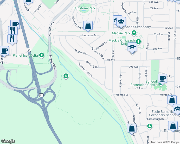 map of restaurants, bars, coffee shops, grocery stores, and more near 10659 Santa Monica Drive in Delta
