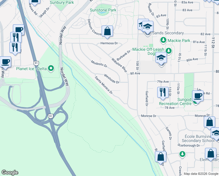map of restaurants, bars, coffee shops, grocery stores, and more near 10659 Santa Monica Drive in Delta