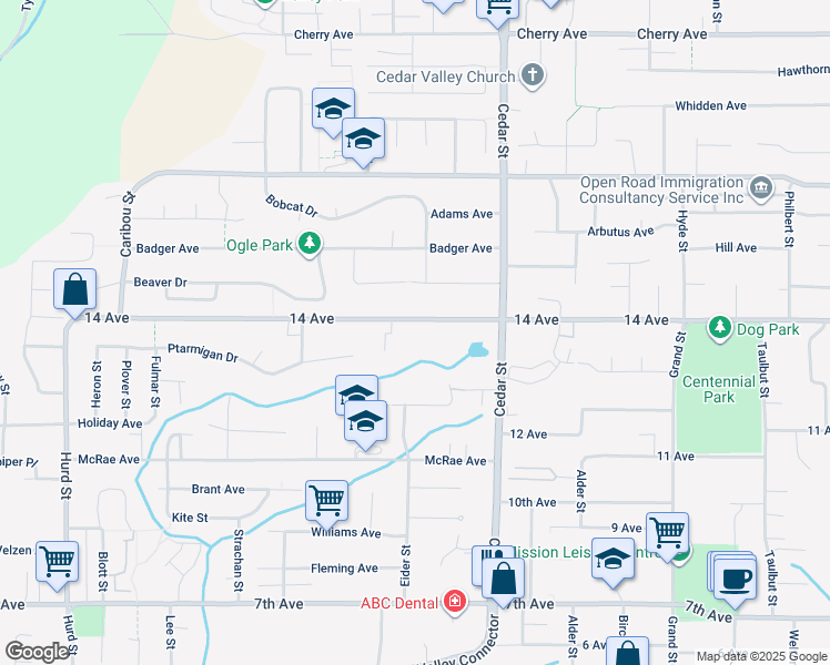 map of restaurants, bars, coffee shops, grocery stores, and more near 32690 14 Avenue in Mission