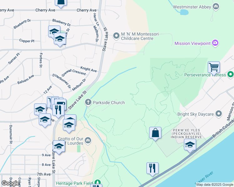 map of restaurants, bars, coffee shops, grocery stores, and more near 33945 Tooley Place in Mission