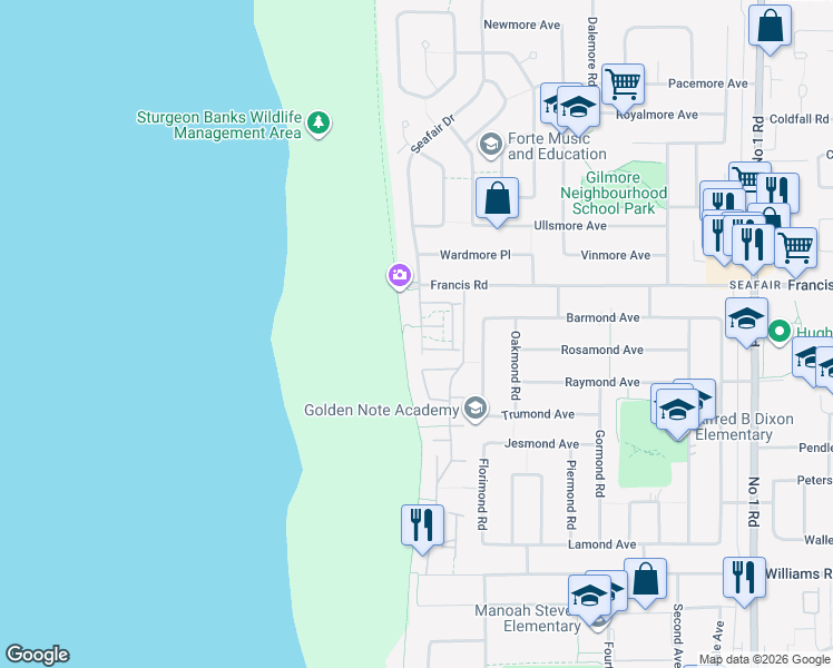 map of restaurants, bars, coffee shops, grocery stores, and more near 3088 Francis Road in Richmond