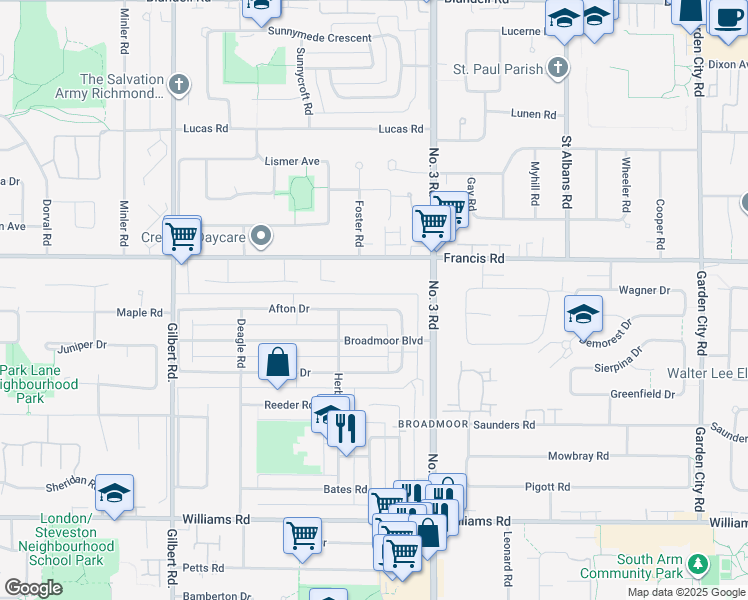 map of restaurants, bars, coffee shops, grocery stores, and more near 7771 Afton Drive in Richmond