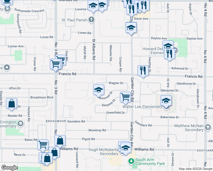 map of restaurants, bars, coffee shops, grocery stores, and more near 8540 Wagner Drive in Richmond