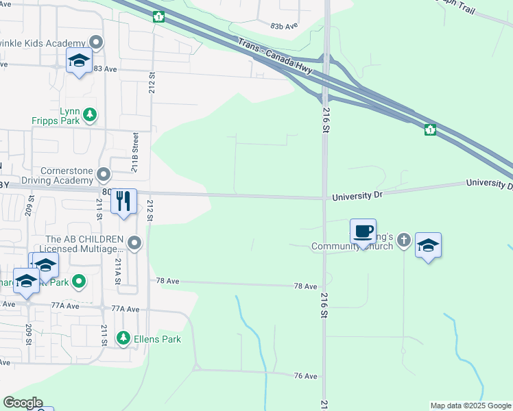map of restaurants, bars, coffee shops, grocery stores, and more near 21446 80 Avenue in Langley
