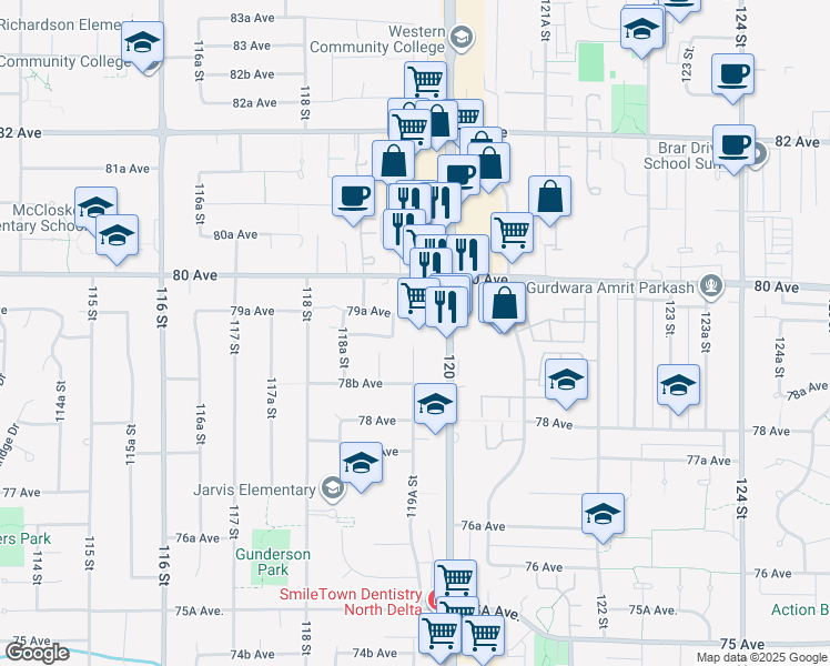 map of restaurants, bars, coffee shops, grocery stores, and more near in Delta
