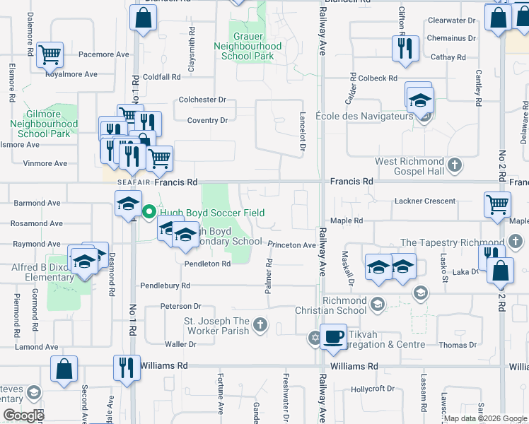 map of restaurants, bars, coffee shops, grocery stores, and more near 9300 Parksville Drive in Richmond