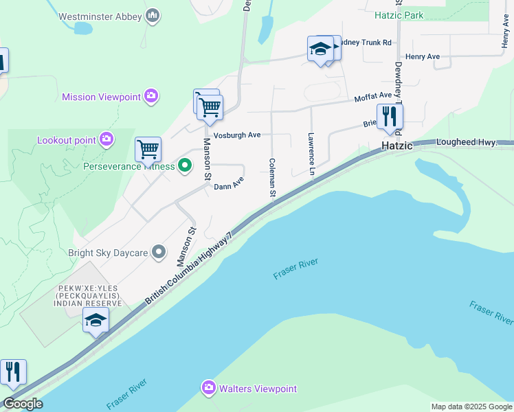 map of restaurants, bars, coffee shops, grocery stores, and more near 34671 Lougheed Highway in Mission