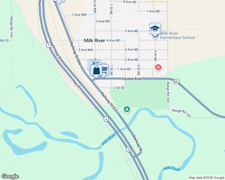 map of restaurants, bars, coffee shops, grocery stores, and more near 208 1 Avenue Southeast in Milk River