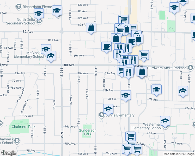 map of restaurants, bars, coffee shops, grocery stores, and more near 7922 118 Street in Delta