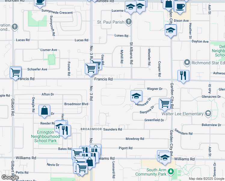 map of restaurants, bars, coffee shops, grocery stores, and more near 8440 Rideau Drive in Richmond