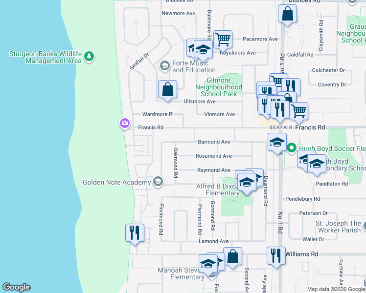 map of restaurants, bars, coffee shops, grocery stores, and more near 3400 Barmond Avenue in Richmond