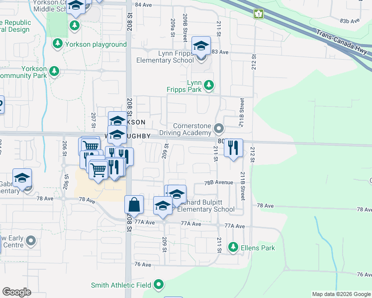 map of restaurants, bars, coffee shops, grocery stores, and more near 19952 79A Avenue in Langley Township