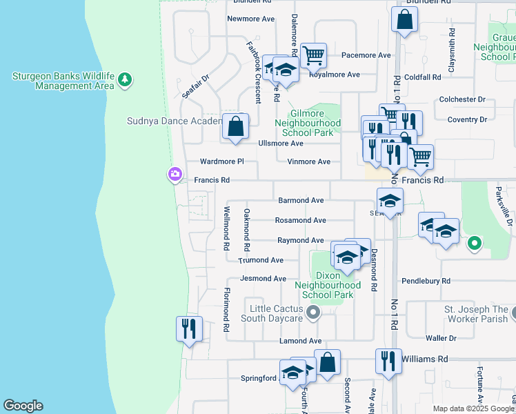 map of restaurants, bars, coffee shops, grocery stores, and more near 3400 Barmond Avenue in Richmond