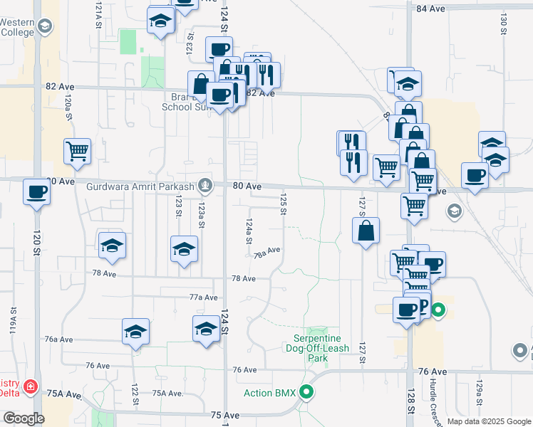 map of restaurants, bars, coffee shops, grocery stores, and more near 12472 79A Avenue in Surrey