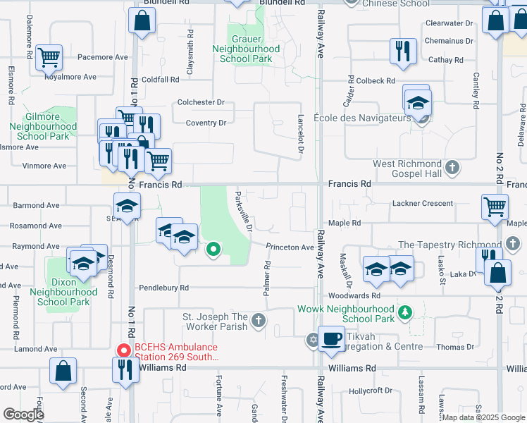 map of restaurants, bars, coffee shops, grocery stores, and more near 9300 Parksville Drive in Richmond