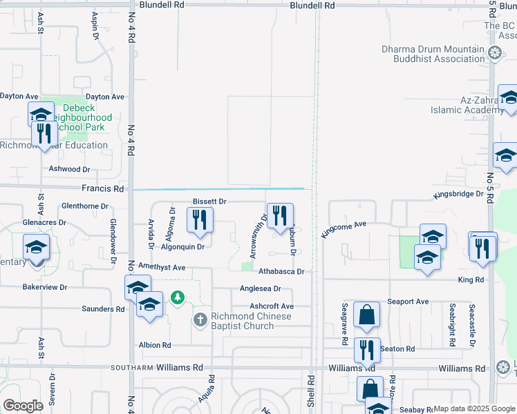 map of restaurants, bars, coffee shops, grocery stores, and more near 10680 Bissett Drive in Richmond