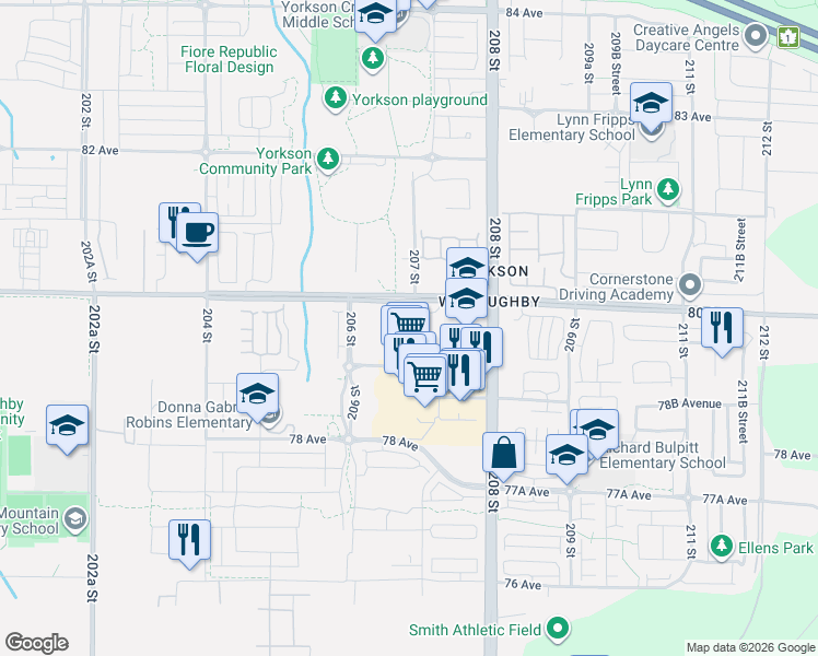 map of restaurants, bars, coffee shops, grocery stores, and more near 7980 206A Street in Langley Township