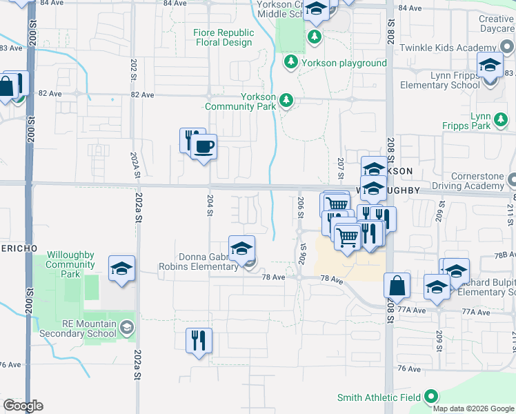 map of restaurants, bars, coffee shops, grocery stores, and more near 7918 204B Street in Langley Township