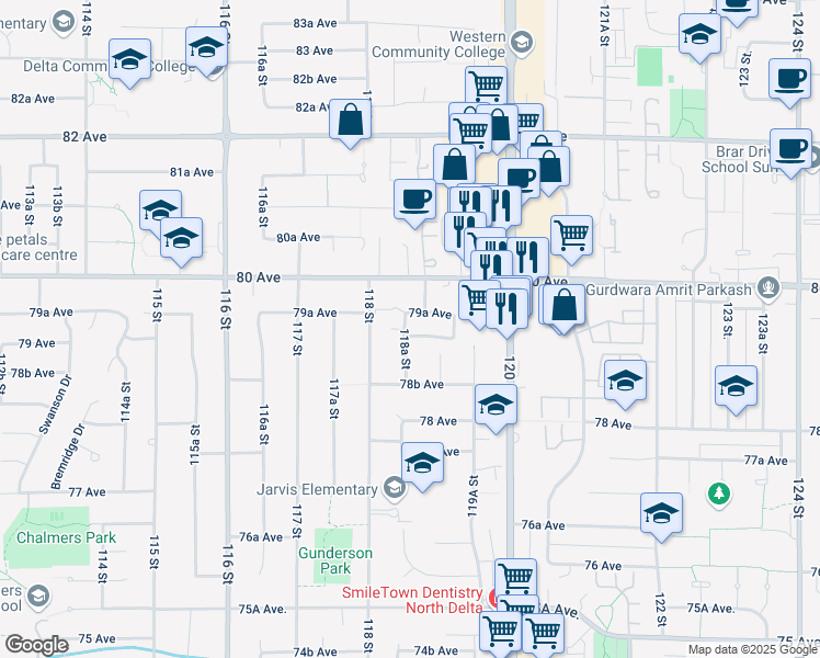 map of restaurants, bars, coffee shops, grocery stores, and more near in Delta