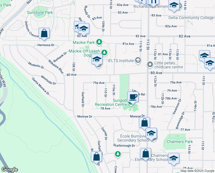 map of restaurants, bars, coffee shops, grocery stores, and more near 7938 110 Street in Delta
