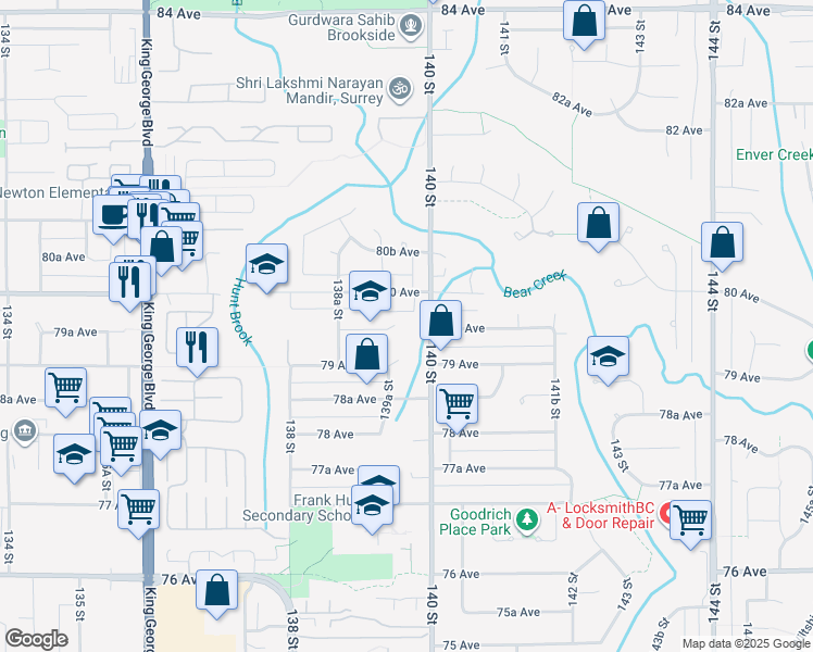 map of restaurants, bars, coffee shops, grocery stores, and more near 13995 79A Avenue in Surrey
