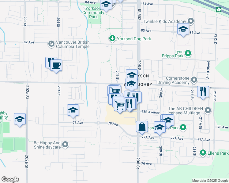 map of restaurants, bars, coffee shops, grocery stores, and more near 7980 206A Street in Langley Township