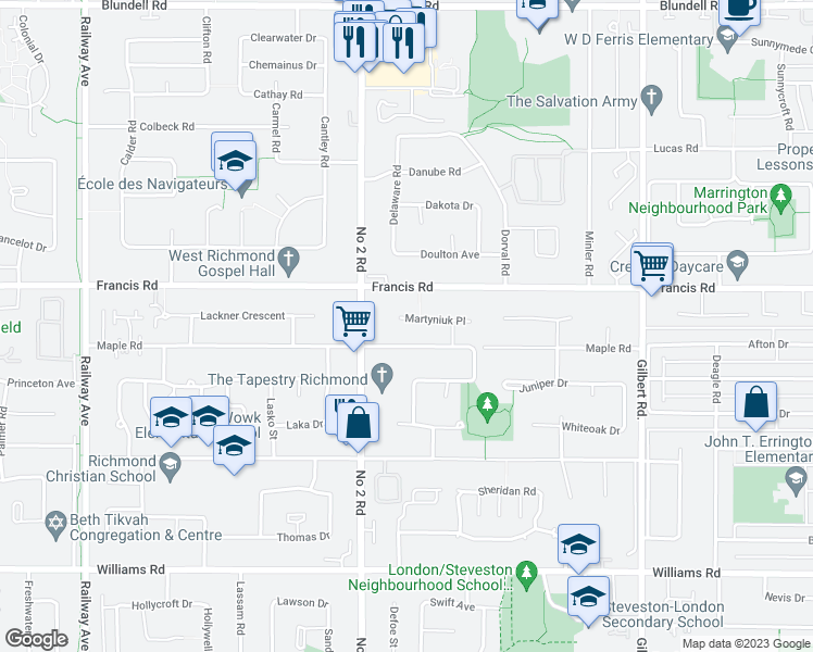 map of restaurants, bars, coffee shops, grocery stores, and more near 6066 Martyniuk Place in Richmond