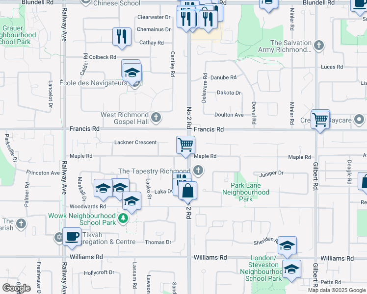 map of restaurants, bars, coffee shops, grocery stores, and more near 9099 Number 2 Road in Richmond