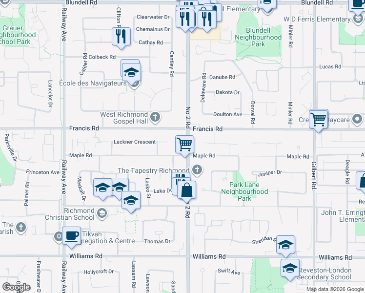 map of restaurants, bars, coffee shops, grocery stores, and more near 9080 Number 2 Road in Richmond